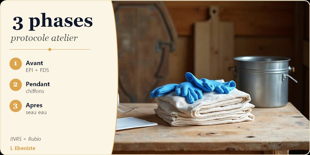 Poste atelier ébéniste protocole sécurité huile de lin 8 réflexes seau eau chiffons neufs bidon FFP3 gants nitrile