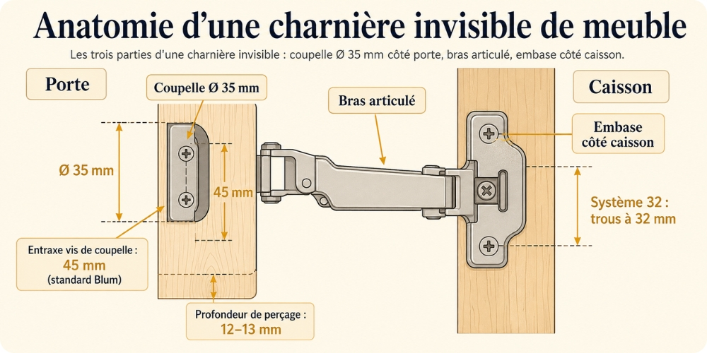 schéma d'anatomie d'une charnière invisible de meuble avec coupelle 35 mm, embase et bras cotés