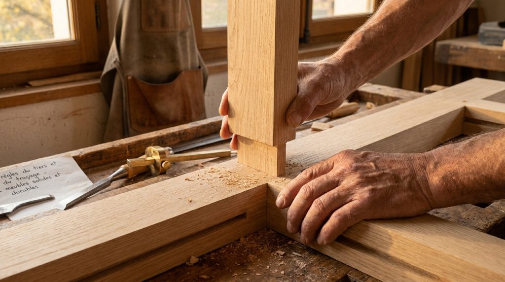 Un menuisier ajuste manuellement un tenon en bois dans une mortaise sur son établi avec des outils à proximité.