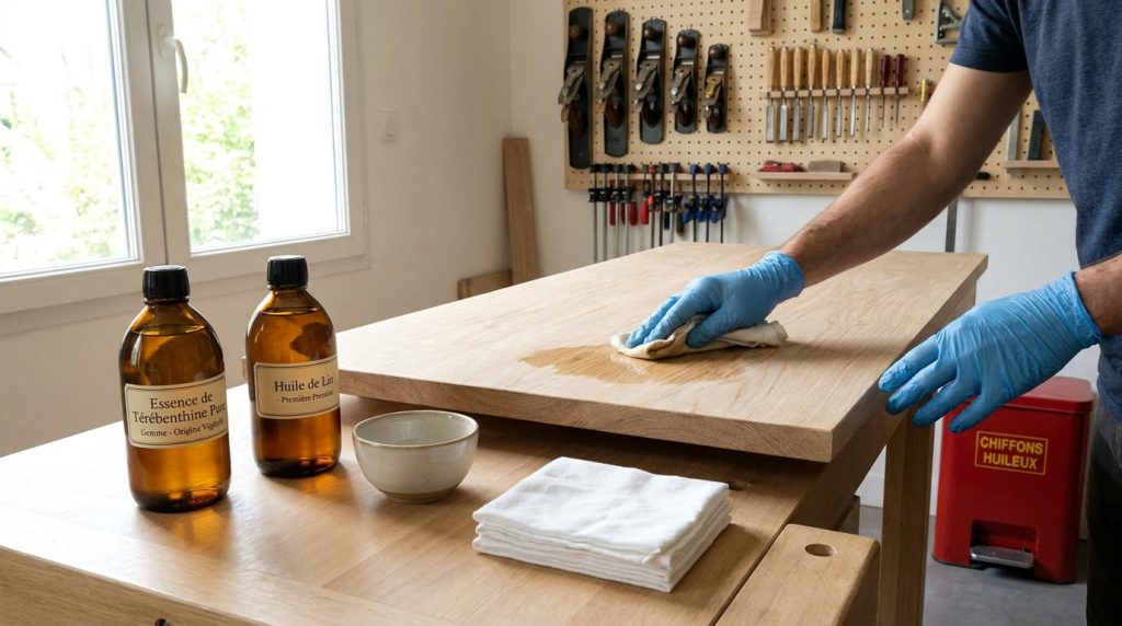 Ébéniste appliquant un mélange d'huile et de térébenthine sur une planche en bois avec des gants bleus.