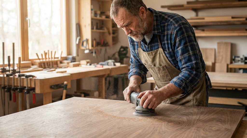Ébéniste expérimenté ponçant une planche de bois avec une ponceuse électrique dans son atelier.