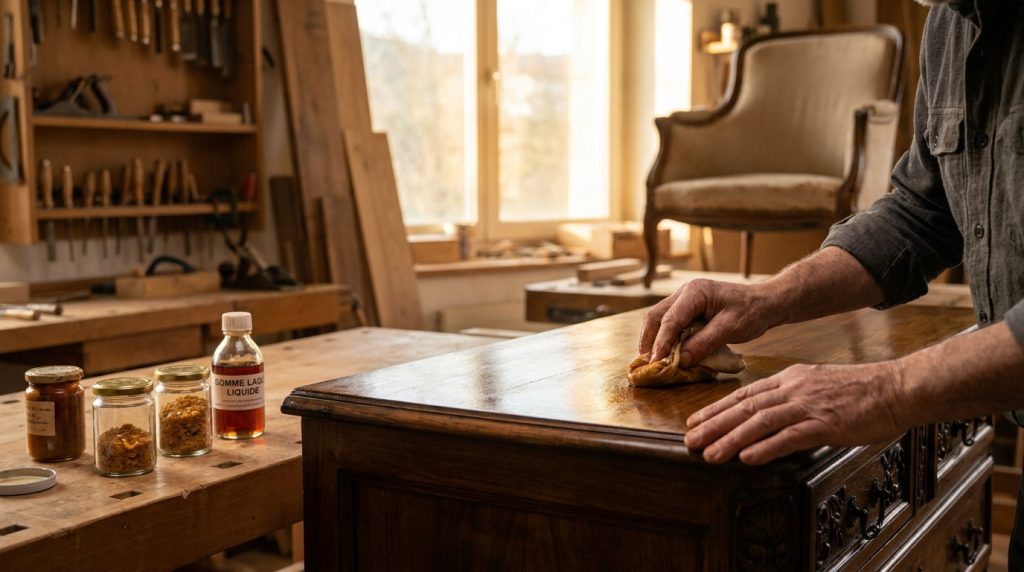 Un ébéniste applique de la gomme-laque sur une commode en bois dans son atelier lumineux.