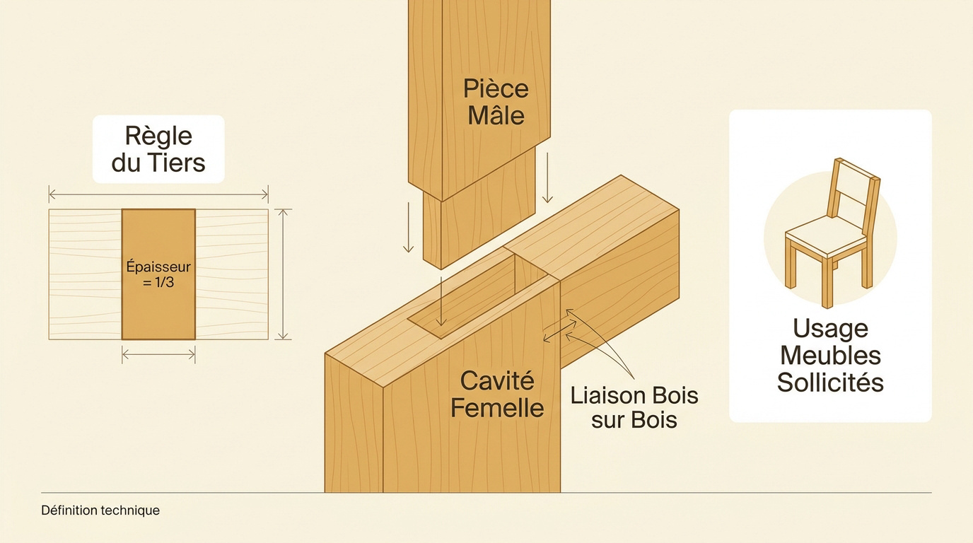 Schéma technique d'un assemblage tenon et mortaise en ébénisterie