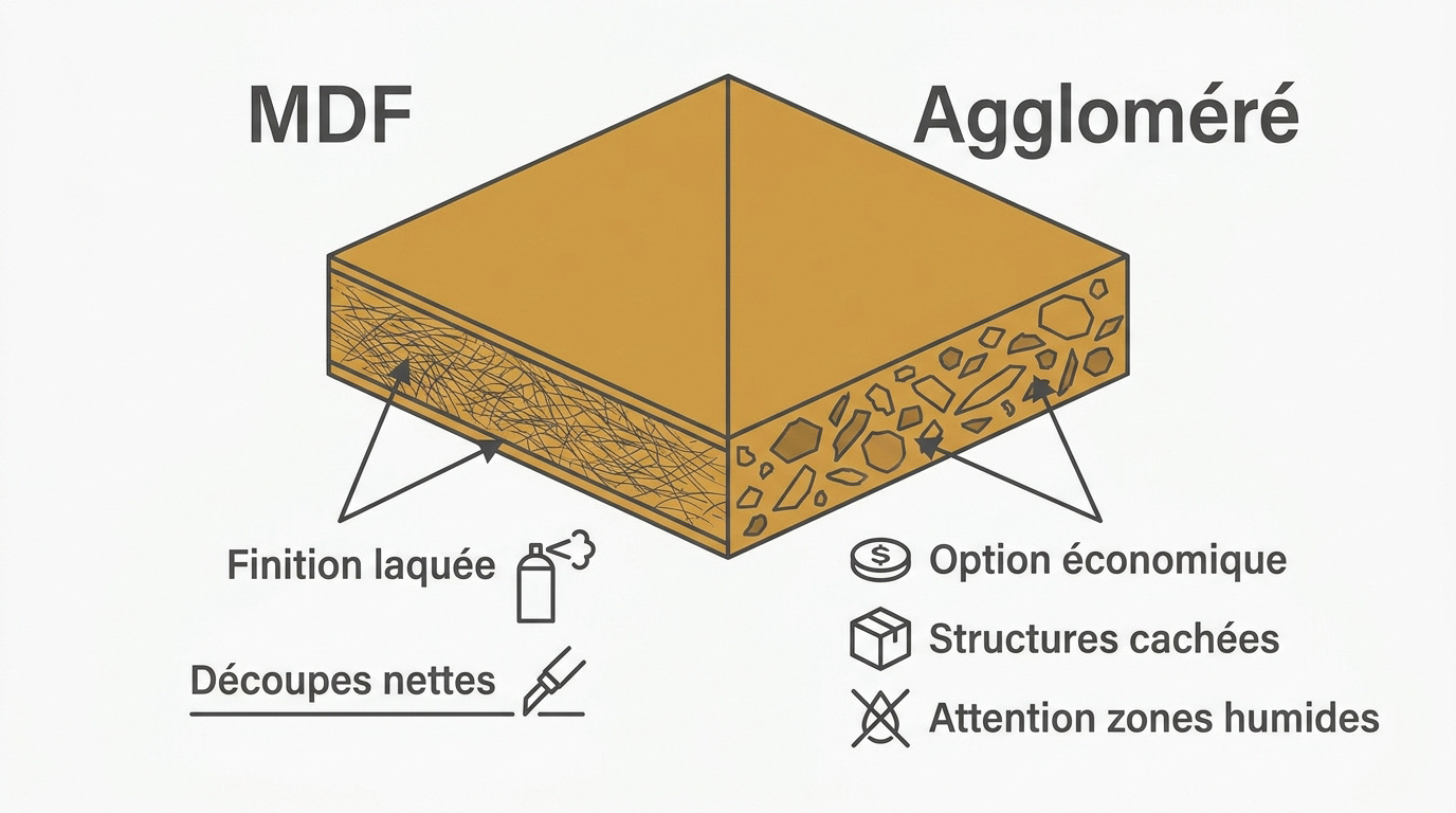 Comparaison visuelle entre la texture d'un panneau MDF et un panneau aggloméré