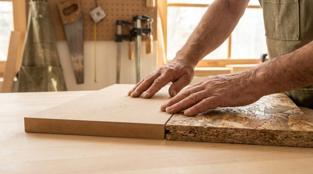 Un ébéniste compare une planche de MDF lisse à une planche de bois aggloméré texturé sur son établi.