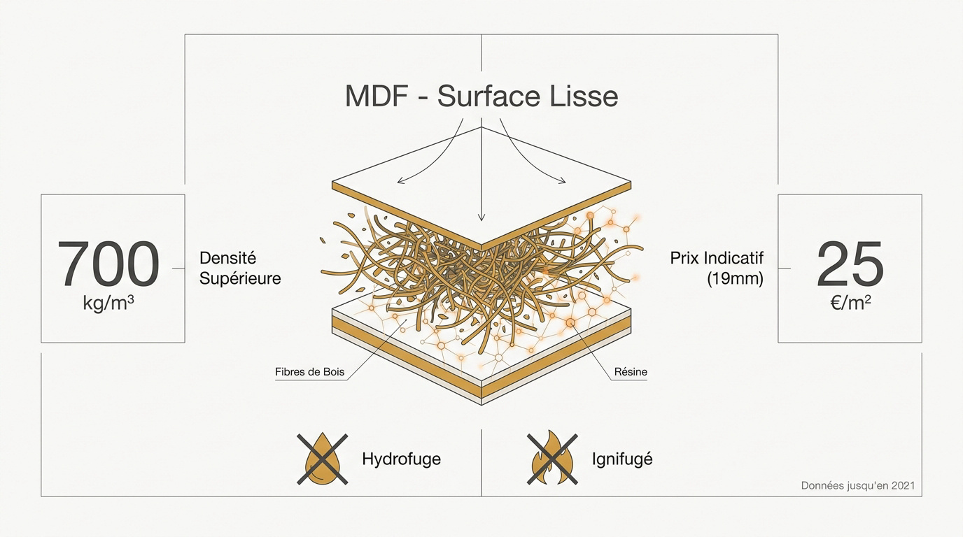 Structure interne et fibres compressées d'un panneau MDF standard