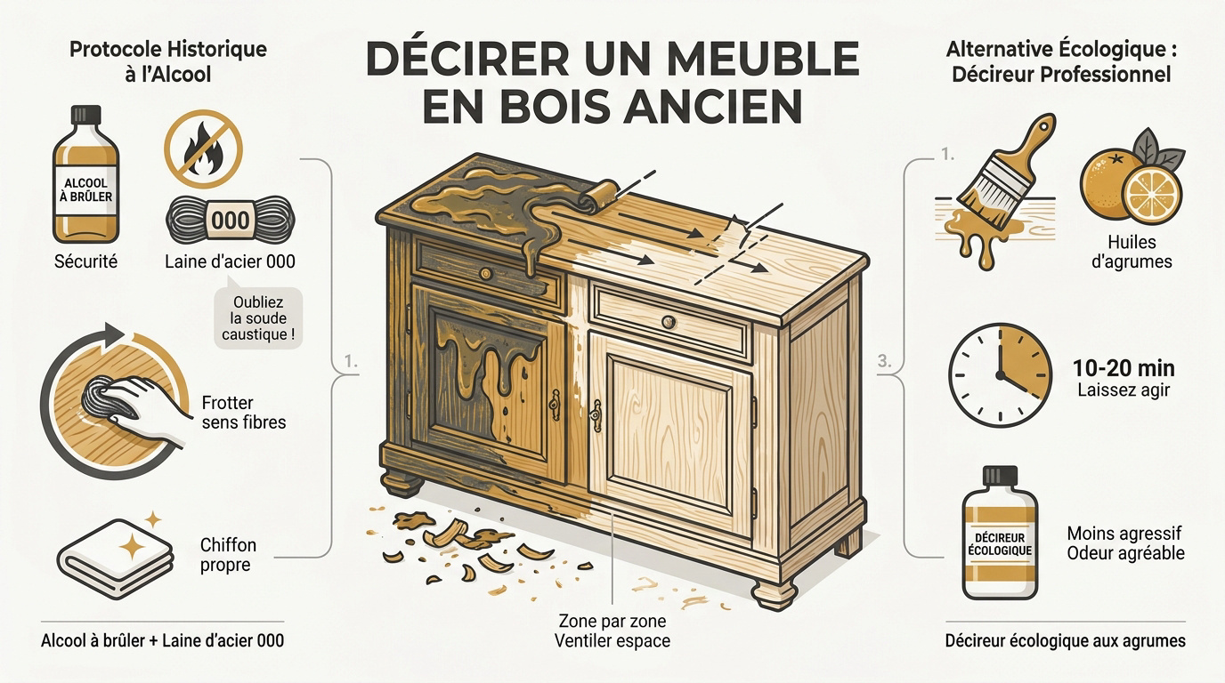 Artisan ébéniste utilisant de la laine d'acier et de l'alcool pour décirer un buffet ancien