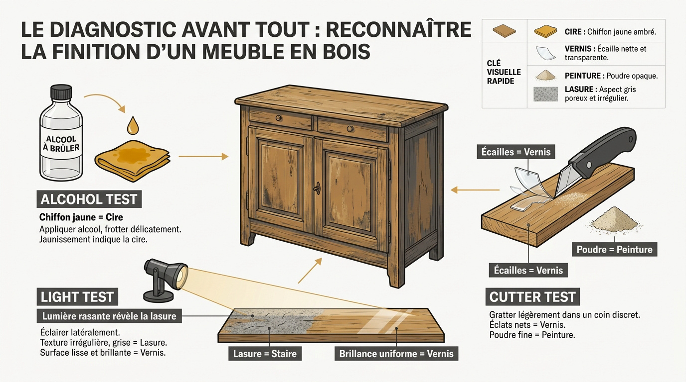 Tests de diagnostic pour identifier la finition d'un meuble en bois avant décapage