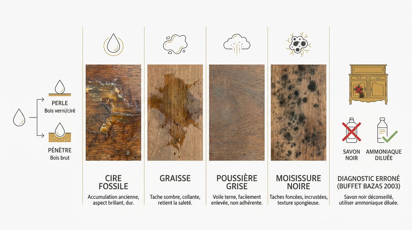 Guide visuel pour identifier les types d'encrassement sur un meuble en bois ancien