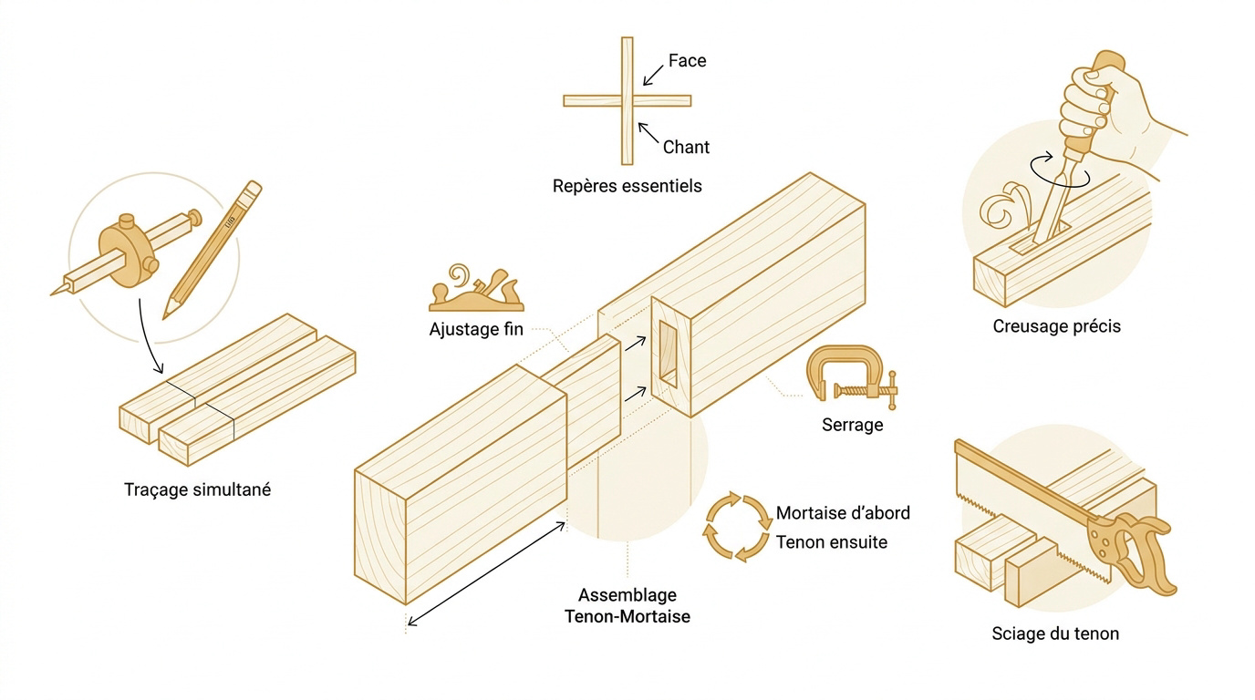 Étapes techniques du traçage et de l'usinage d'un assemblage tenon mortaise en ébénisterie