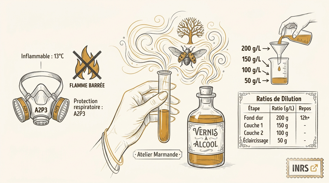 Tableau de dosage des paillettes de gomme laque et consignes de sécurité pour l'alcool