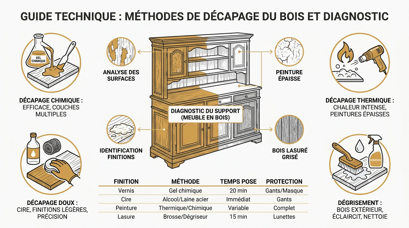 Tableau récapitulatif des méthodes de décapage pour vernis, cire et peinture sur bois