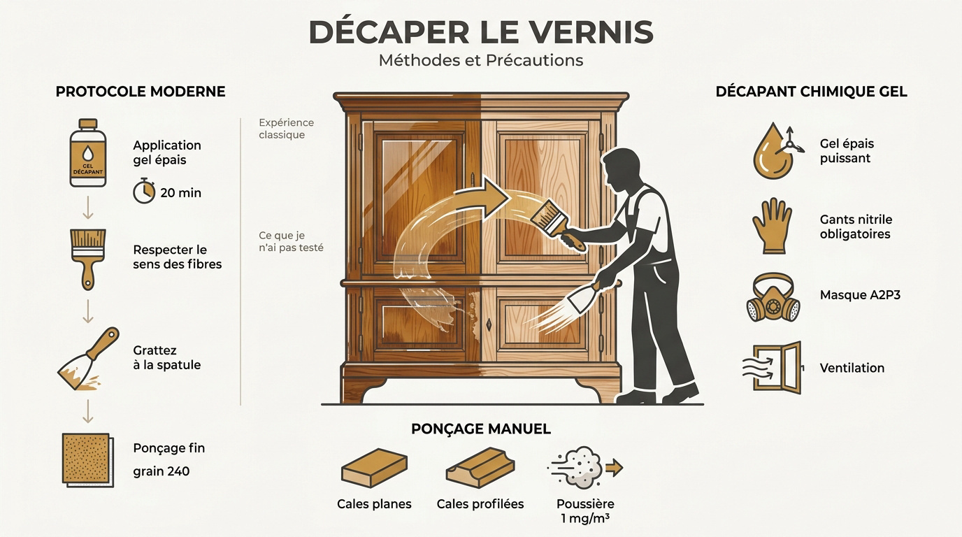 Artisan ébéniste utilisant un décapant gel sur un plateau de meuble en bois verni
