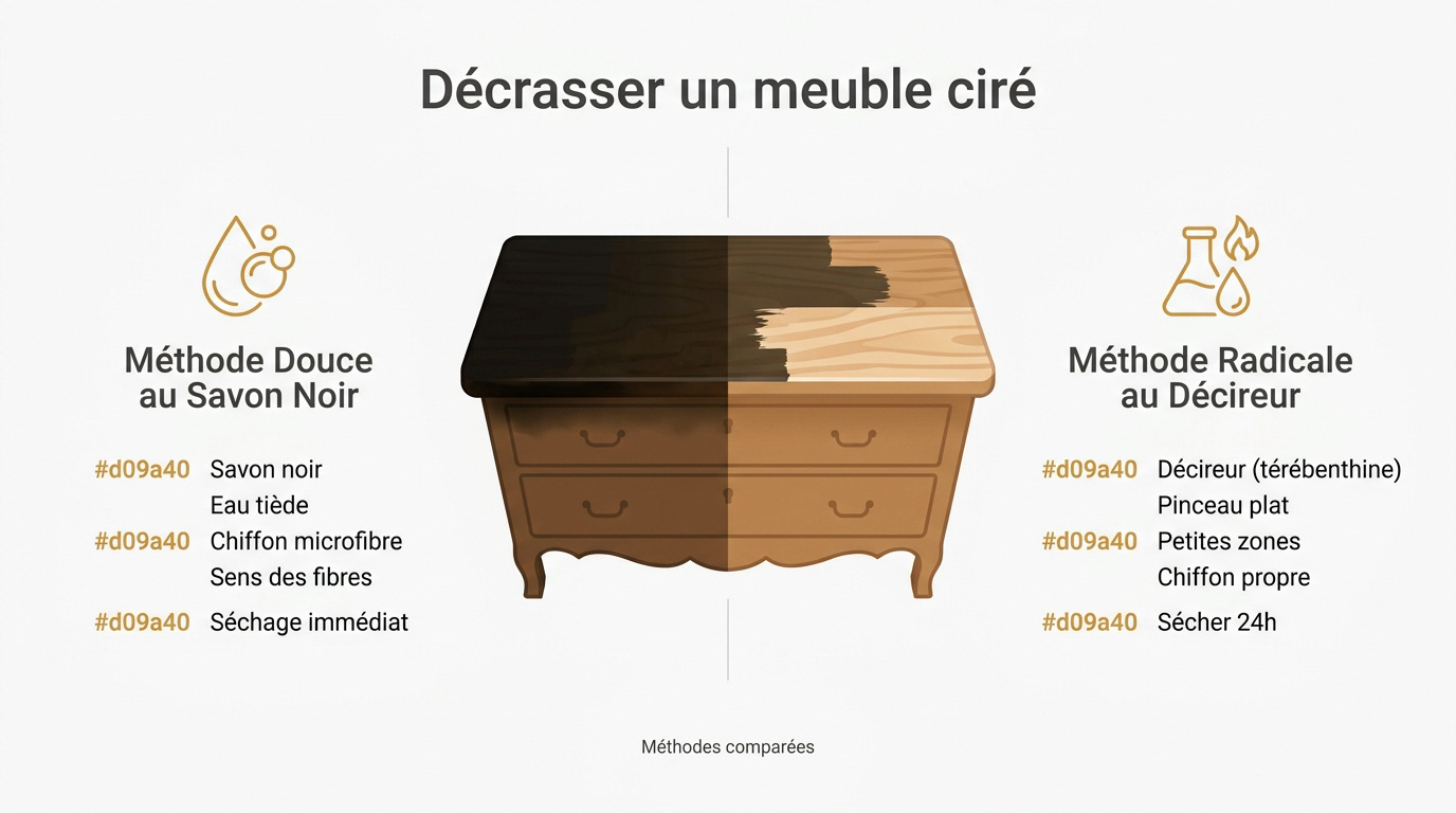 Infographie présentant les deux méthodes pour désencrasser un meuble en bois ciré au savon noir ou à la térébenthine