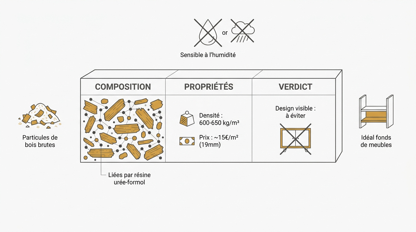 Infographie détaillant la composition en copeaux et les usages courants du panneau aggloméré en menuiserie