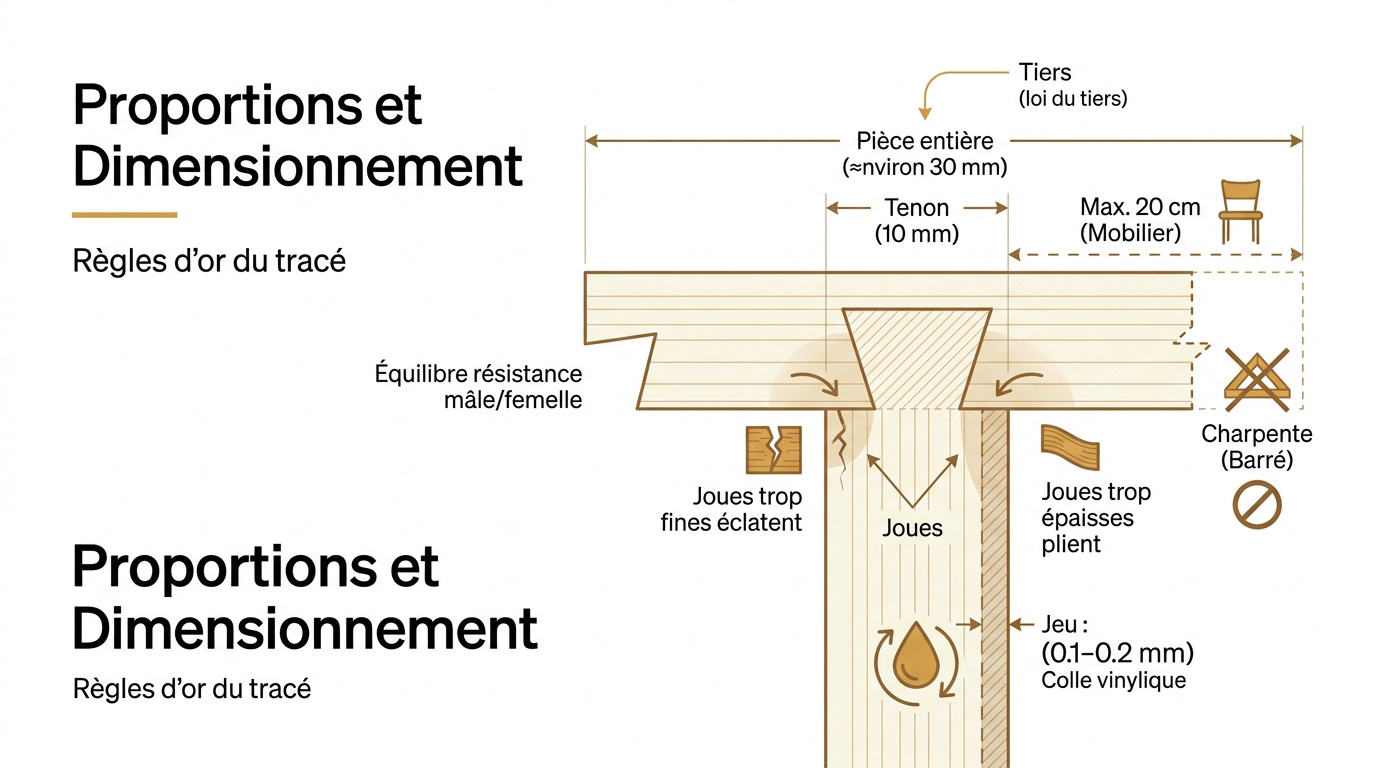 Schéma technique des proportions d'un assemblage tenon et mortaise en ébénisterie