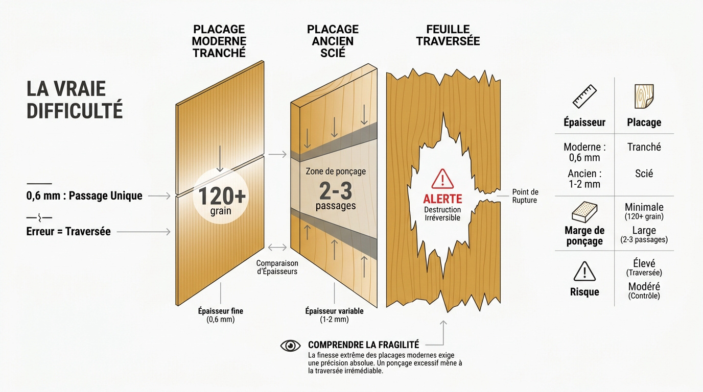 Comparaison de l'épaisseur d'un placage bois moderne et ancien