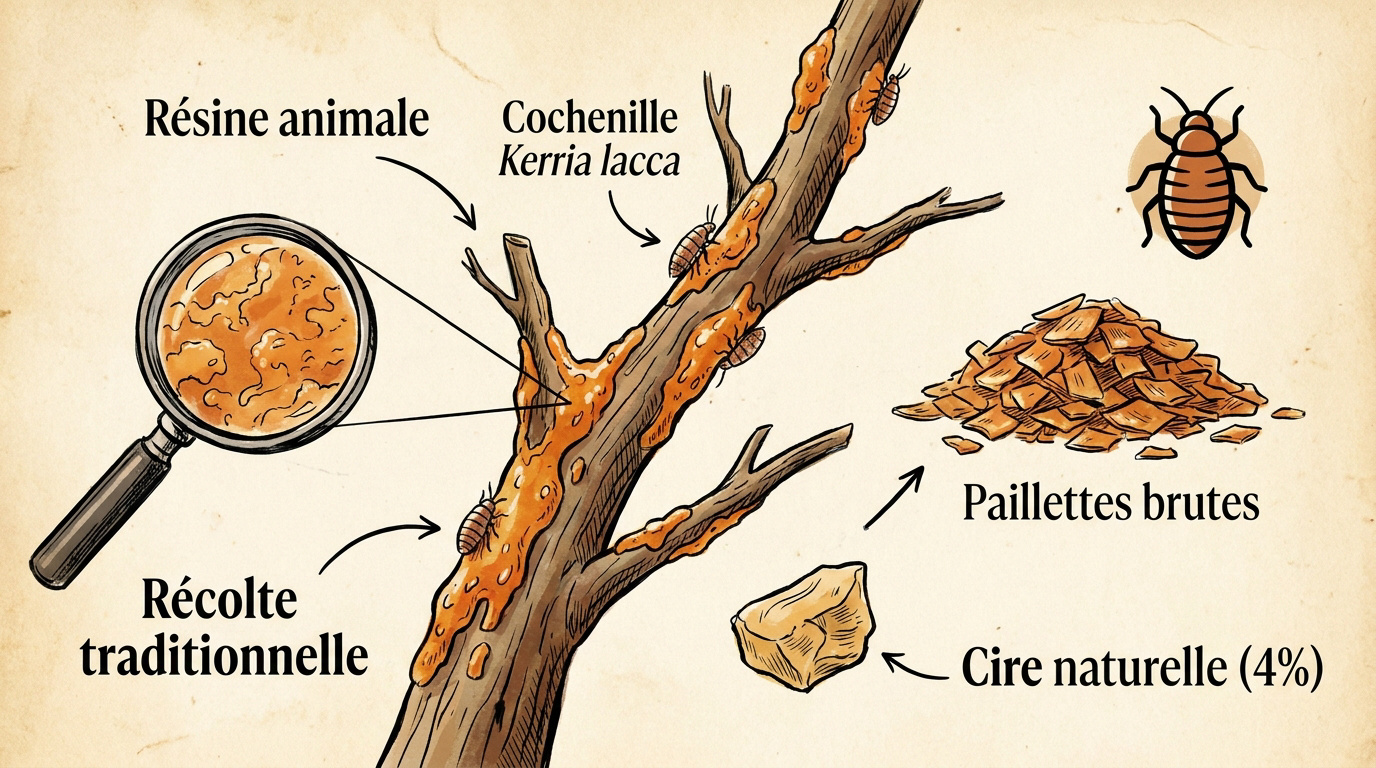 Transformation de la résine de cochenille en paillettes de gomme laque pour vernis