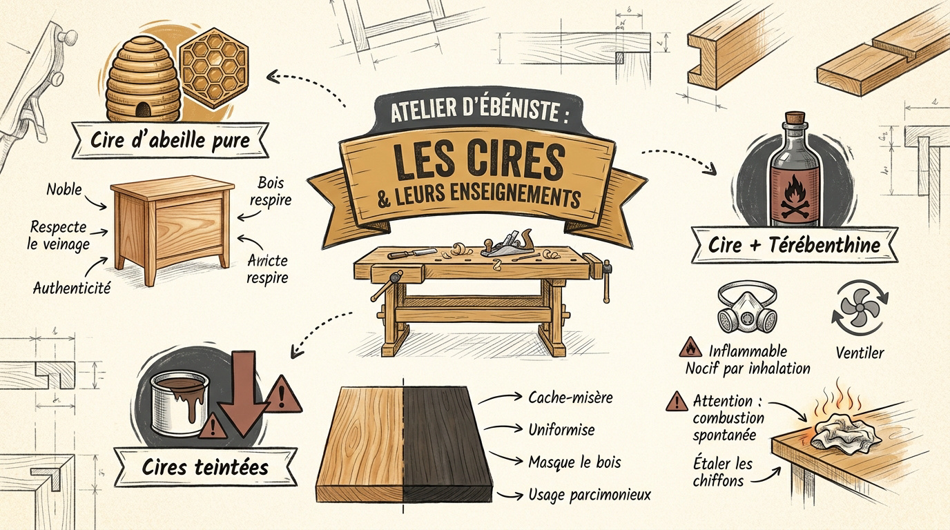 Établi d'ébéniste avec différents pots de cire et outils de finition traditionnelle