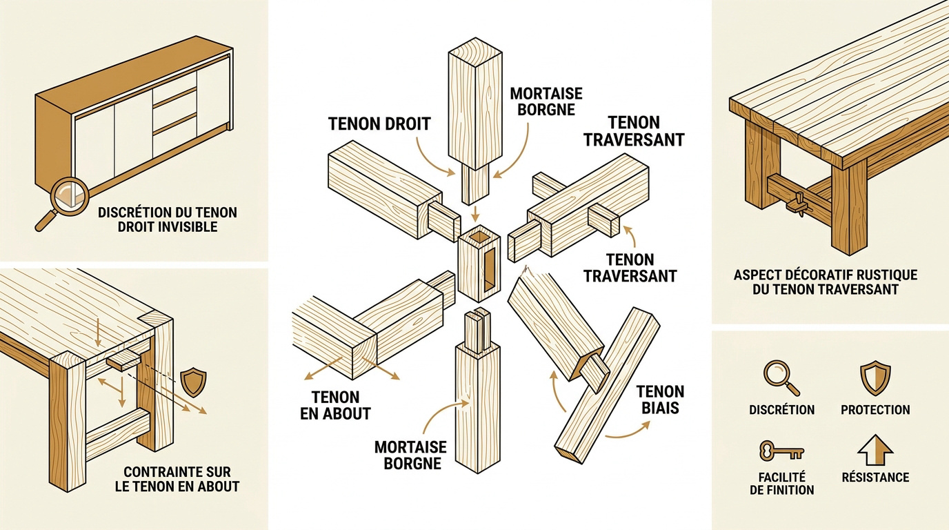 Assemblage traditionnel tenon et mortaise en bois de chêne