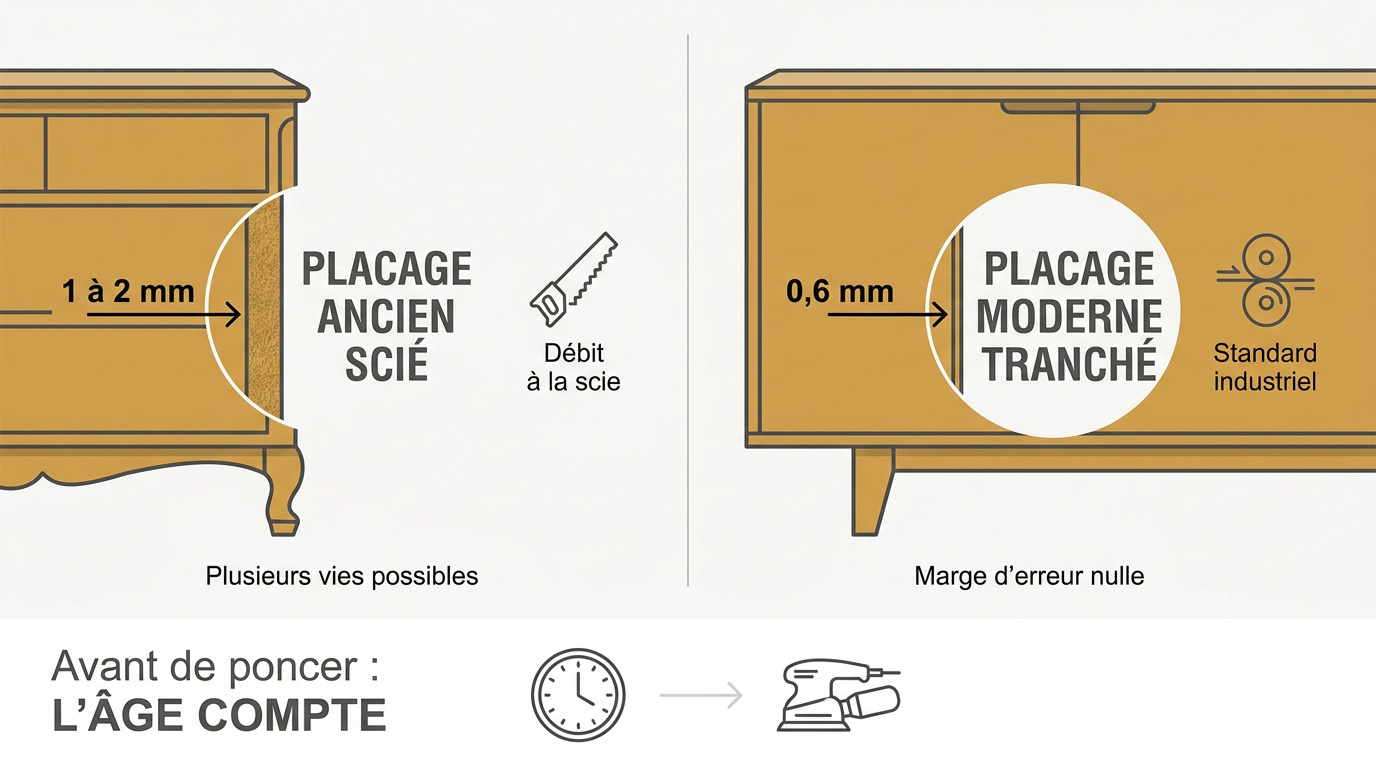 Comparaison visuelle entre une feuille de placage bois moderne fine et un placage scié ancien plus épais