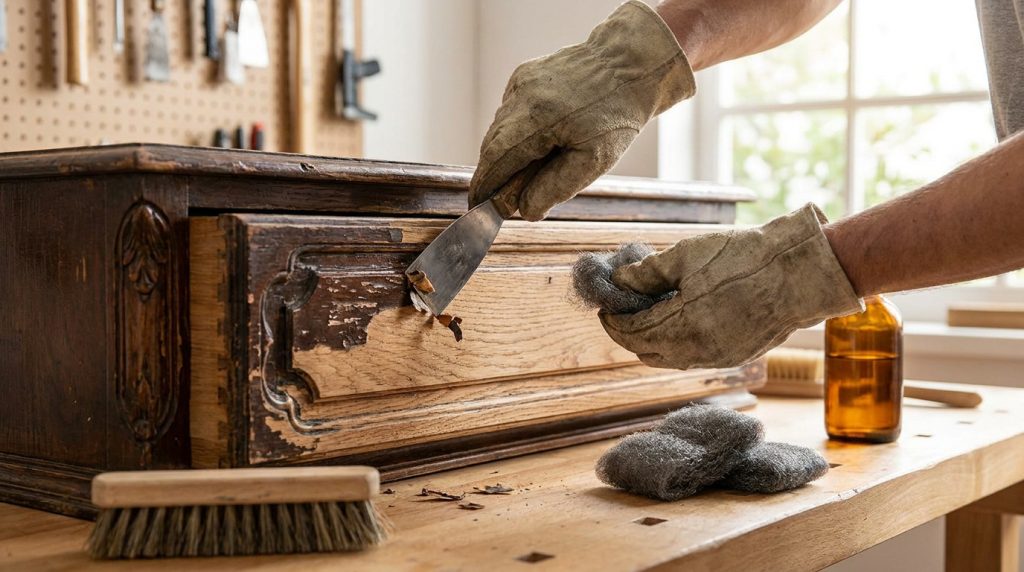 Gros plan sur les mains d'un artisan ponçant un tiroir en bois avec une spatule et de la laine d'acier.