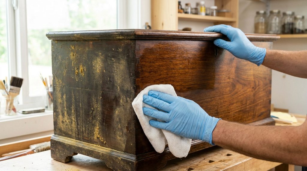 Une personne portant des gants bleus nettoie un vieux coffre en bois avec un chiffon blanc dans un atelier.