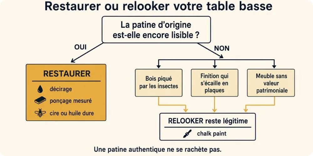 Arbre de décision restaurer ou relooker une table basse en bois selon l'état du meuble