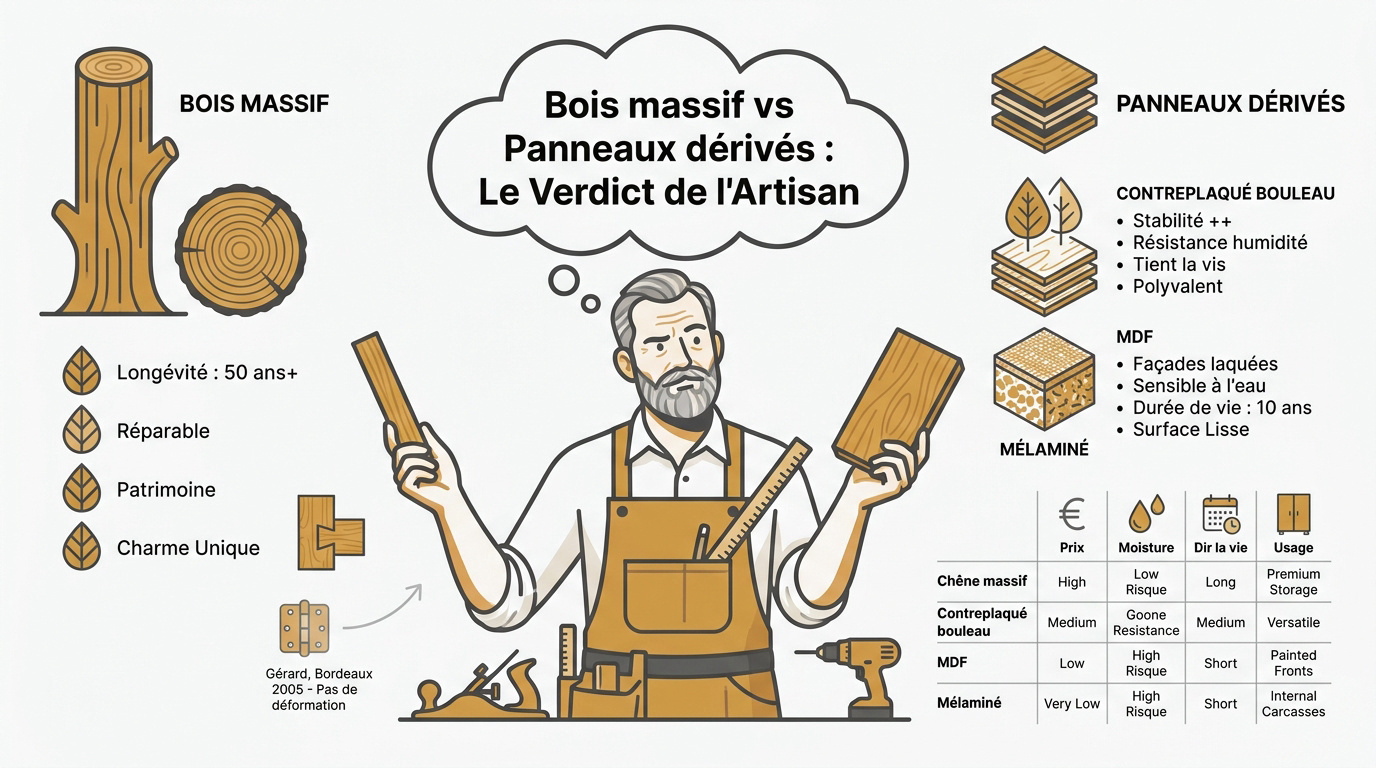 Comparaison entre bois massif et panneaux dérivés pour la fabrication d'un dressing sur mesure