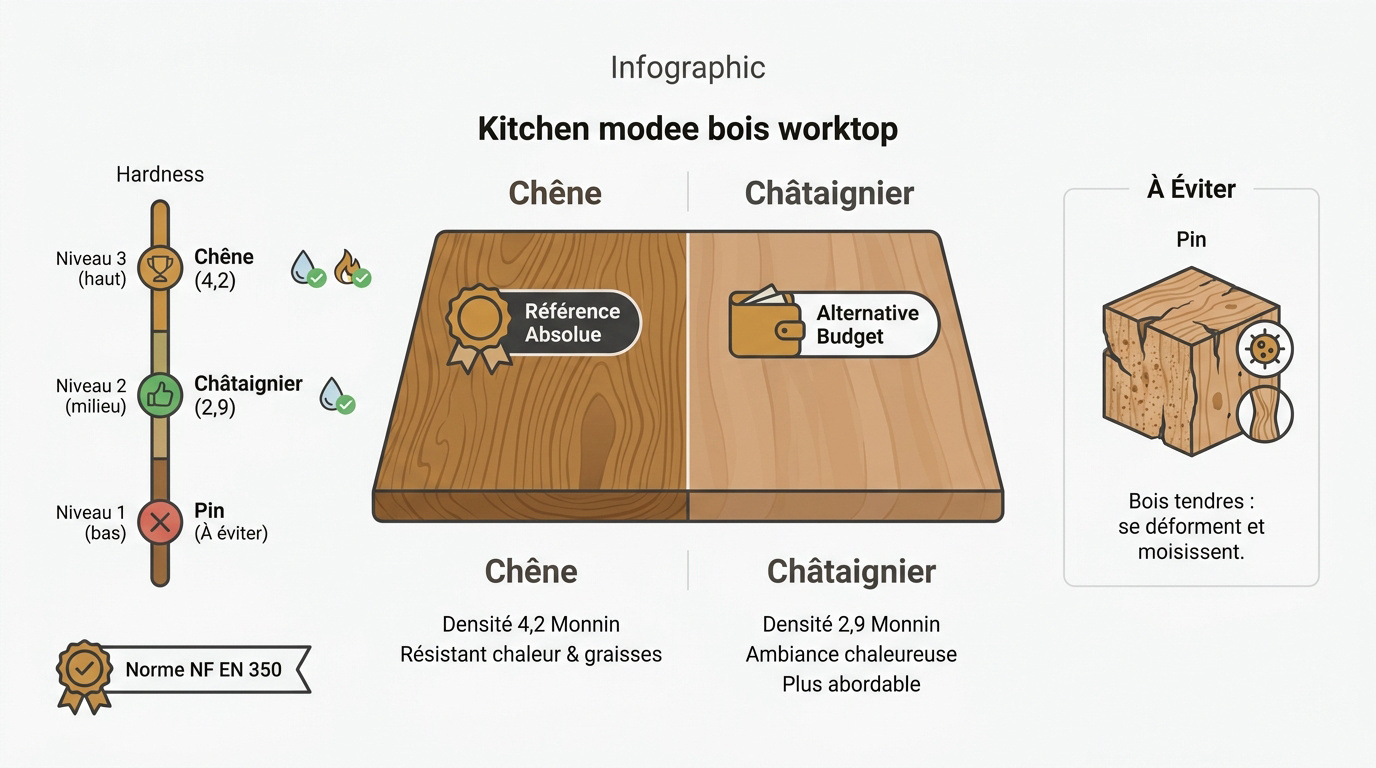 Sélection de planches en chêne massif pour la fabrication d'un habillage de hotte de cuisine