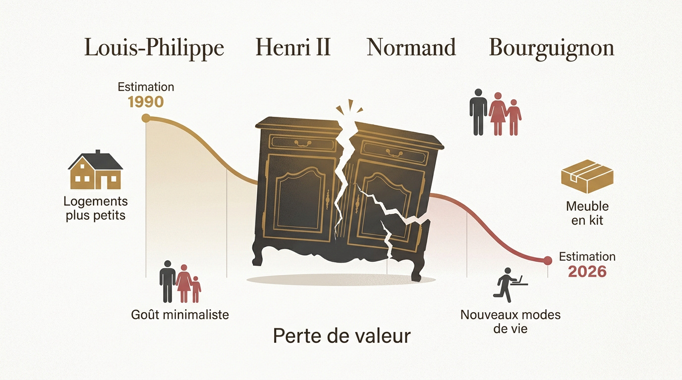 Vieux buffet en bois massif stocké dans un grenier poussiéreux illustrant la baisse de valeur du mobilier ancien