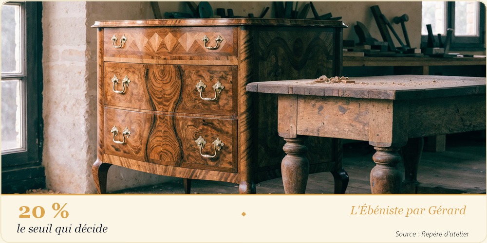 Commode Louis XV en marqueterie de bois de rose posée sur un établi d'ébéniste, plateau examiné avant restauration