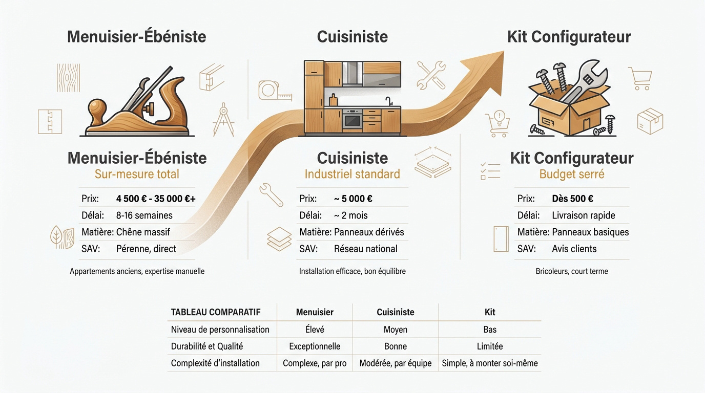 Comparaison entre un dressing de menuisier ébéniste, un modèle de cuisiniste et un kit en ligne