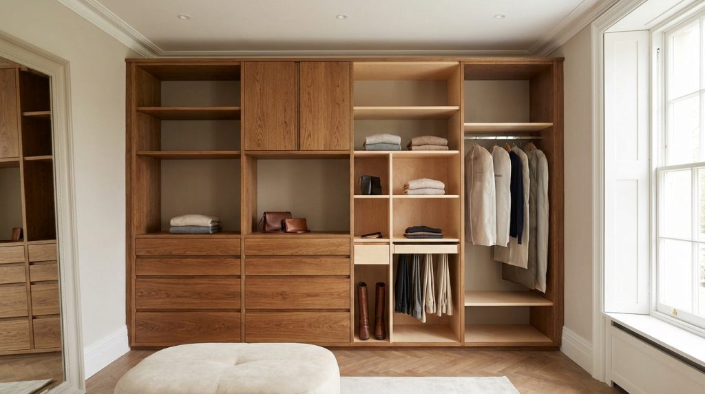 Un dressing élégant en bois clair et noyer avec des étagères, des tiroirs et une penderie dans une chambre lumineuse.
