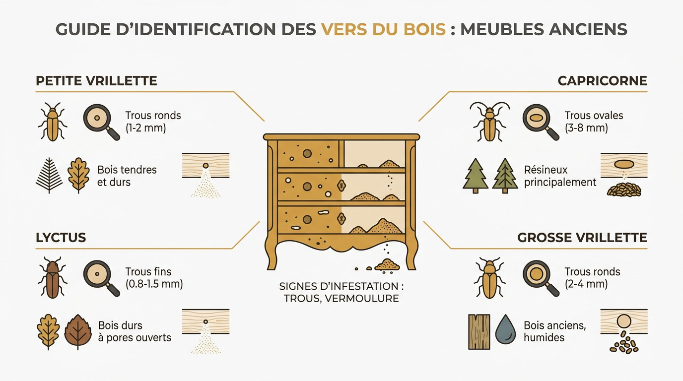 Identification des trous de vers du bois sur un meuble ancien en chêne