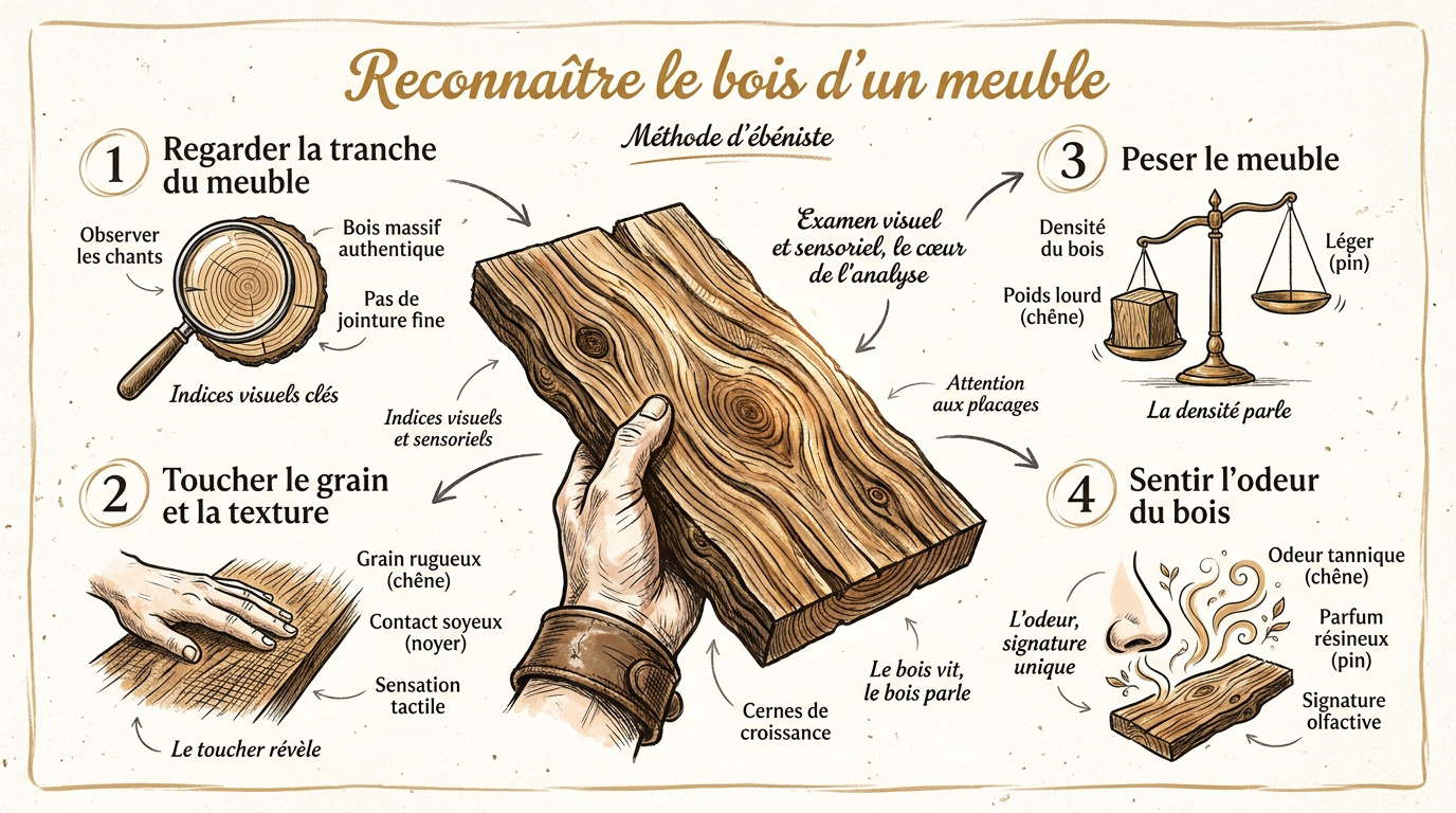 Ébéniste examinant la structure en bois massif d'un meuble ancien