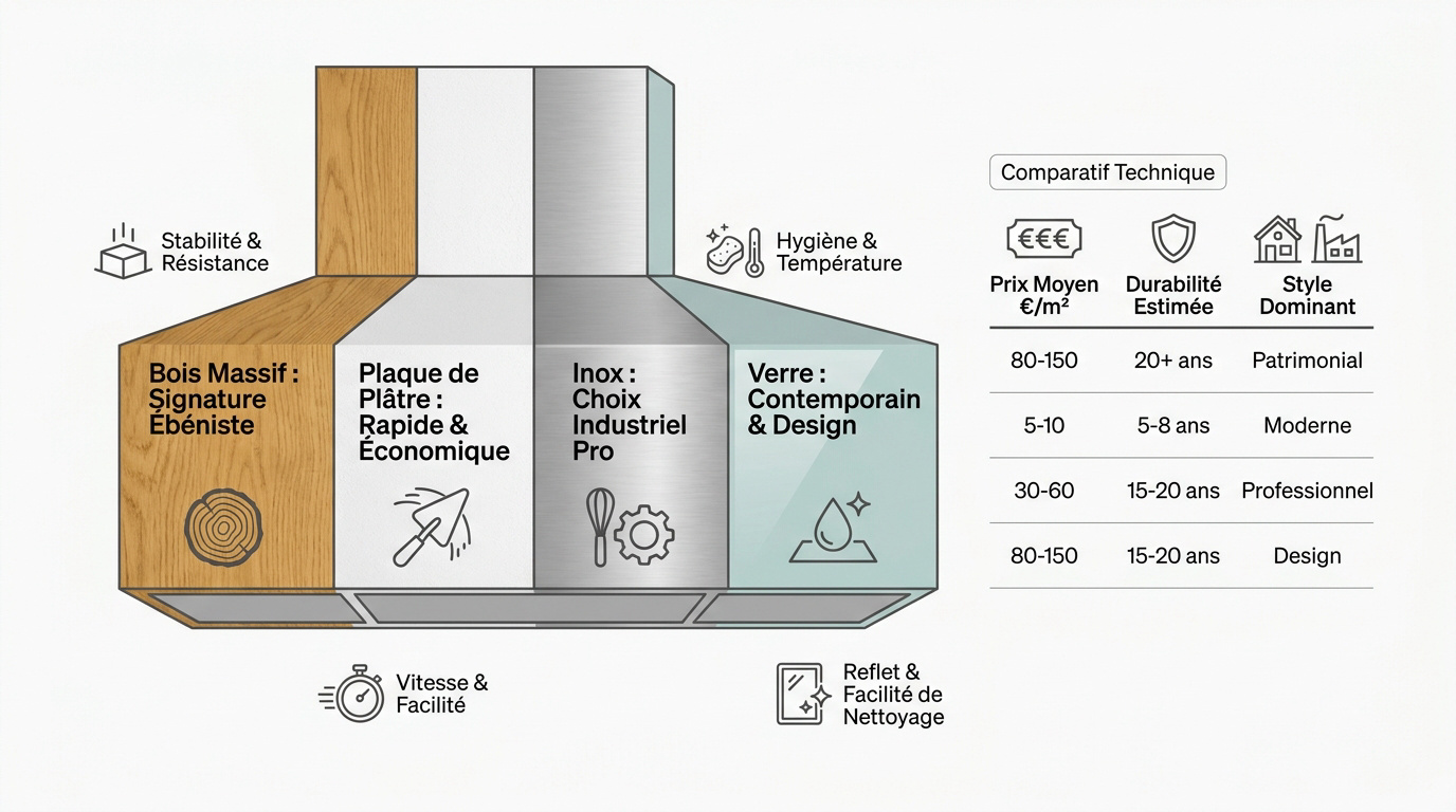 Comparaison des matériaux pour habillage de hotte de cuisine : bois, plâtre, inox et verre.