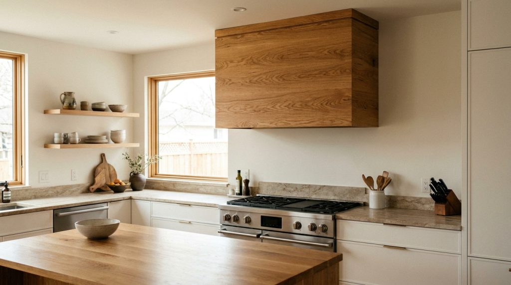 Hotte de cuisine encastrée dans un caisson en bois de chêne massif, au-dessus d'une cuisinière dans une cuisine moderne.