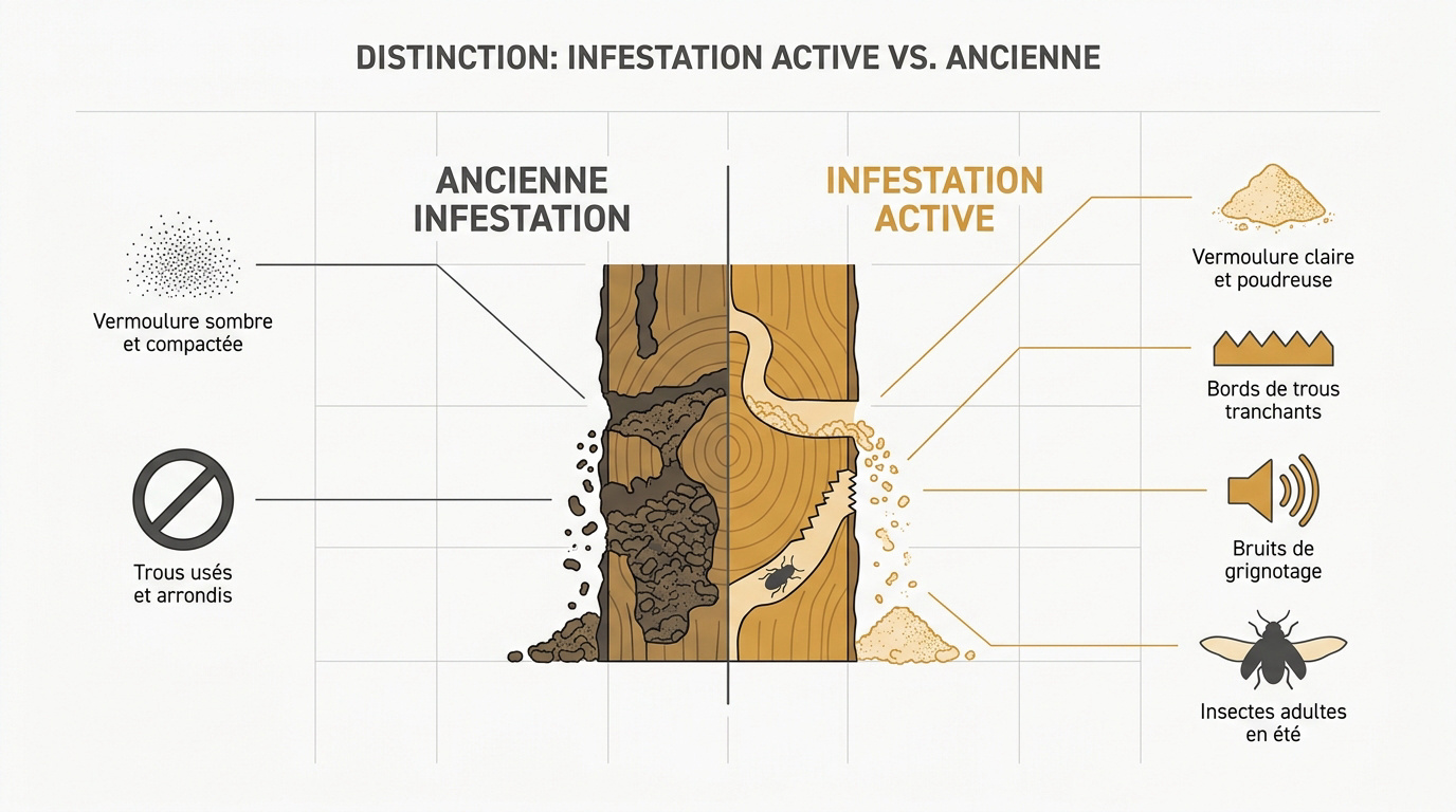 Comparaison visuelle entre une galerie de vrillette active et des trous de sortie anciens sur un panneau de chêne