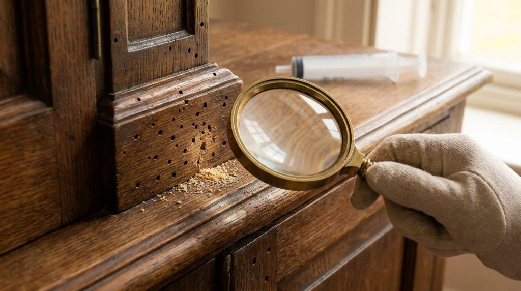 Une main gantée utilisant une loupe pour inspecter les trous de vers dans un meuble en bois ancien.