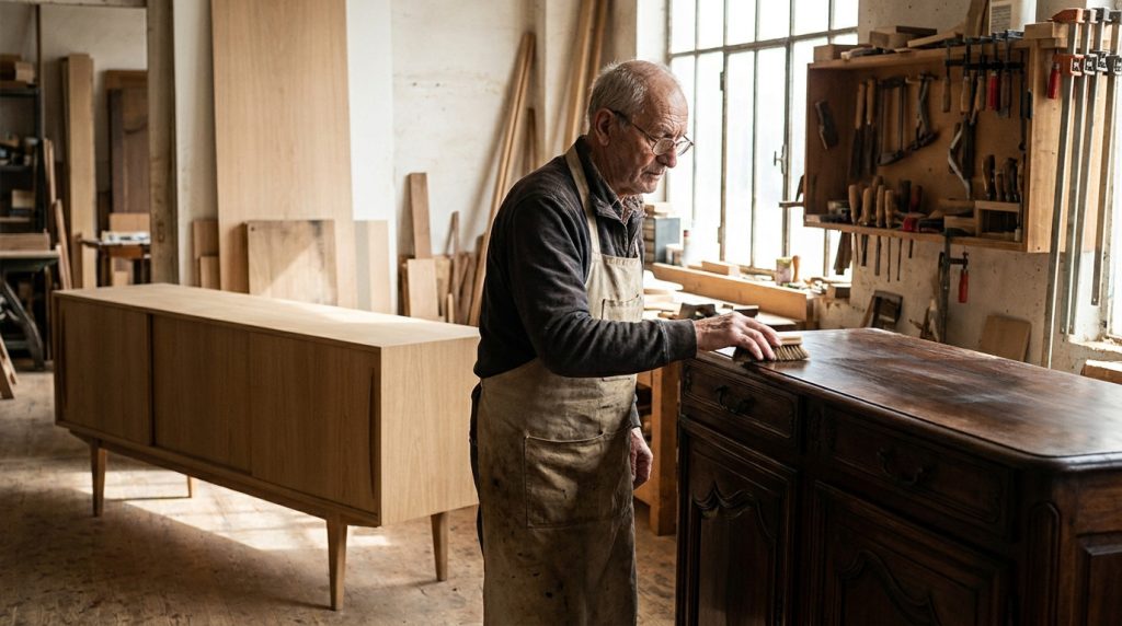 Un artisan ébéniste âgé travaille sur un buffet ancien en bois dans son atelier lumineux entouré d'outils.