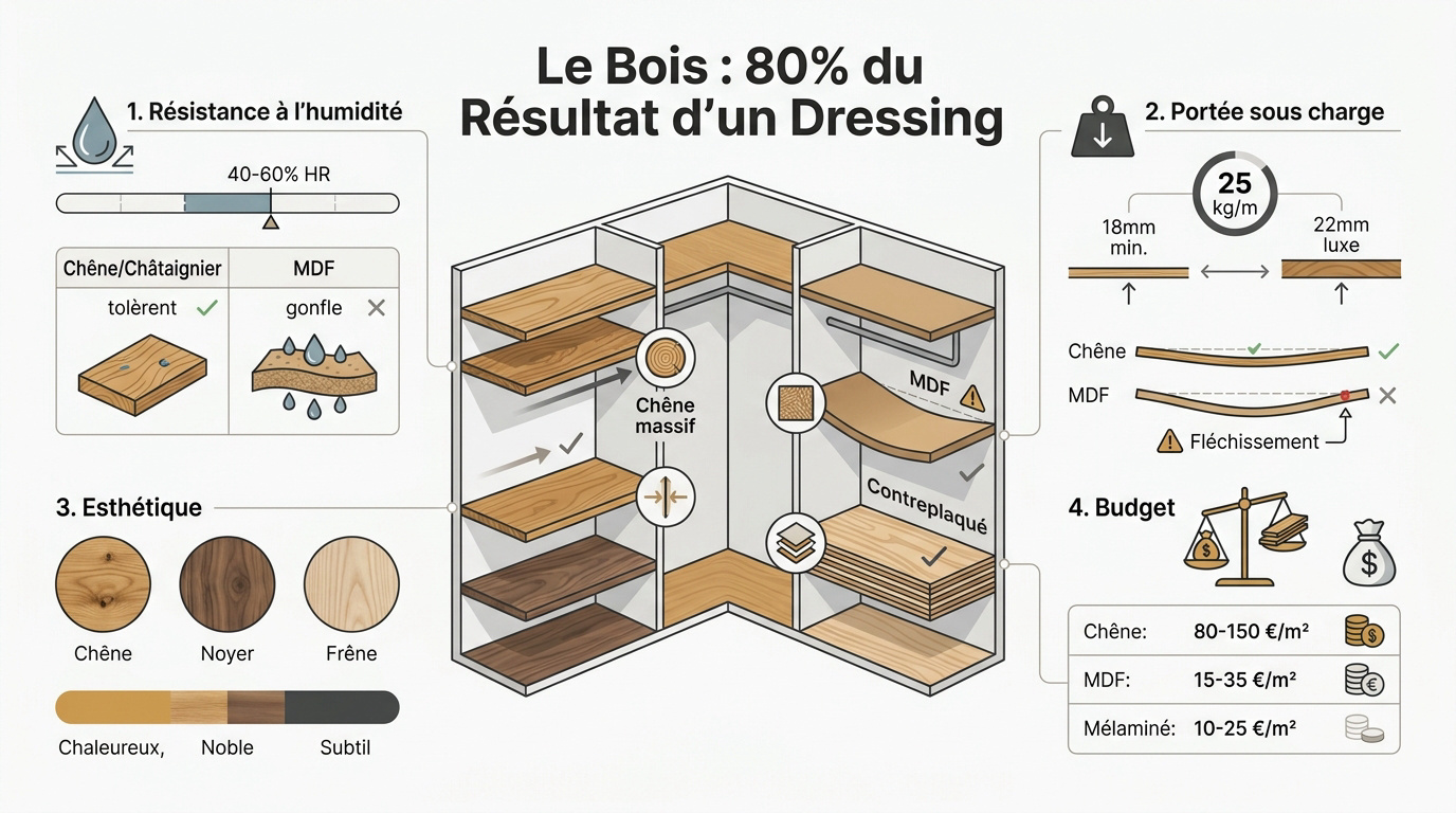 Étagères de dressing en bois massif montrant la robustesse du chêne