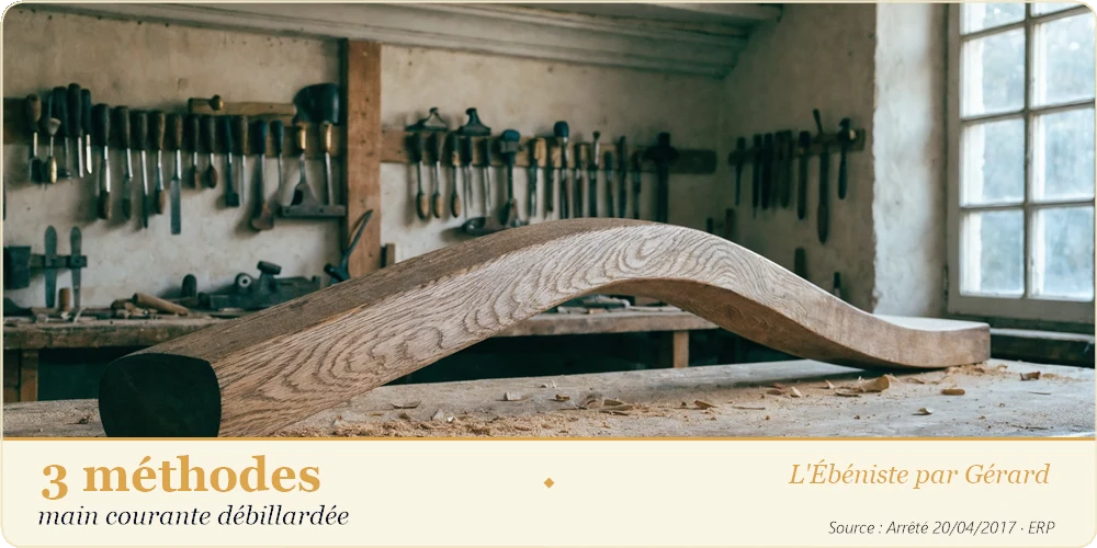 Pièce de chêne courbe en cours de façonnage sur l'établi d'un atelier d'ébéniste du Sud-Ouest
