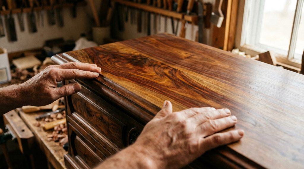 Les mains d'un ébéniste inspectant les veines et la finition d'un meuble en bois précieux dans son atelier.