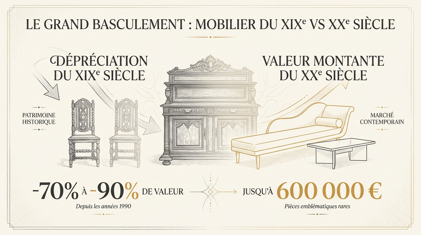 Comparaison entre un buffet XIXe siècle déprécié et un fauteuil design XXe siècle valorisé