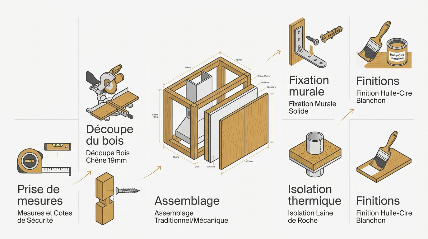 Schéma technique des étapes de fabrication d'un habillage de hotte en chêne massif