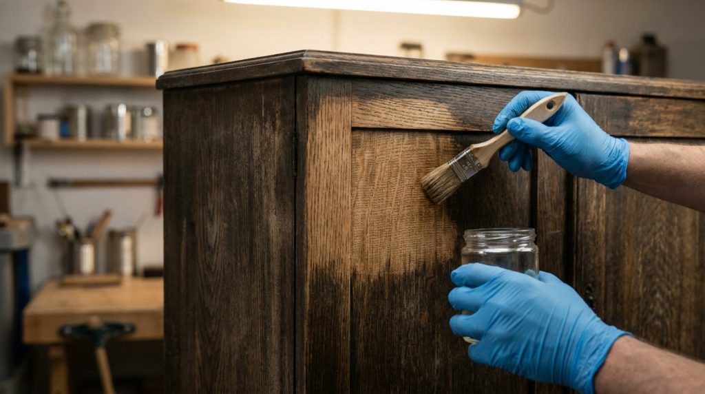 Une personne porte des gants bleus et utilise un pinceau pour appliquer un produit éclaircissant sur un meuble en bois.