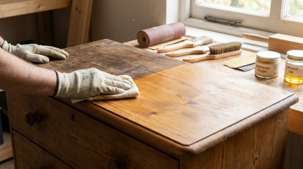 Un ébéniste nettoie la surface d'une commode en pin avec un chiffon, entouré de matériel de restauration.
