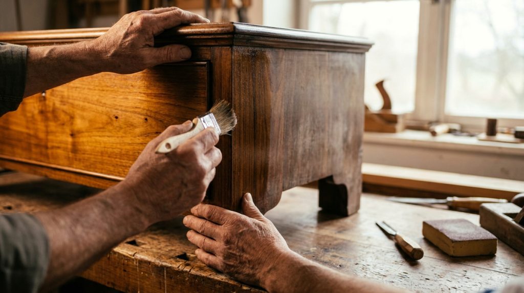Un artisan vernit avec soin un meuble en bois ancien dans son atelier.