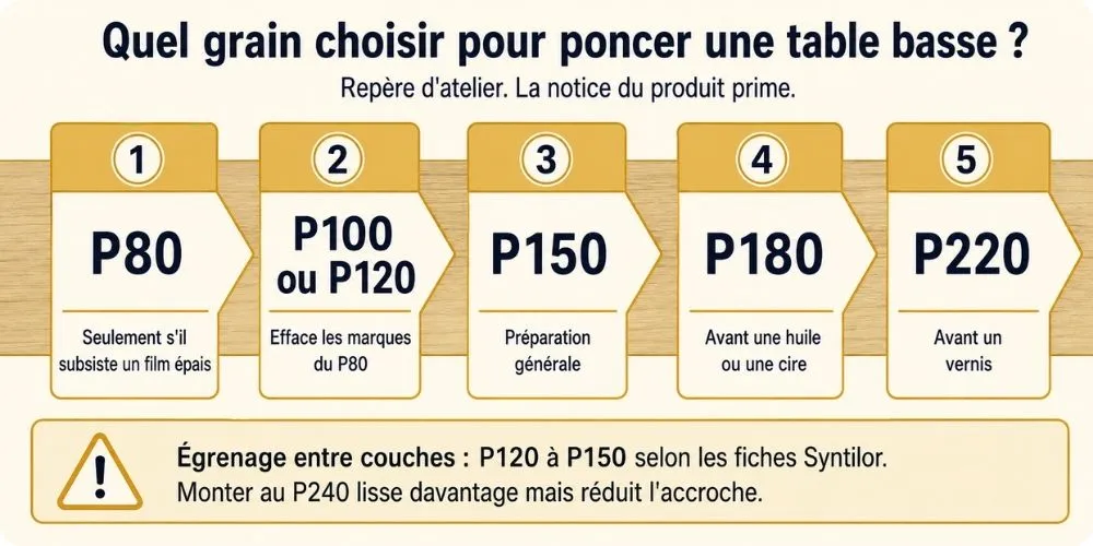 Séquence des grains de ponçage P80 à P220 pour restaurer une table basse en bois massif